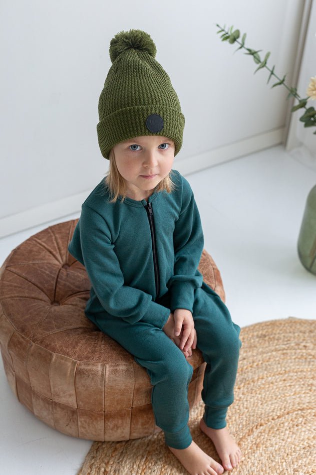 Kids' Merino Wool Pompom Beanie Moss Green