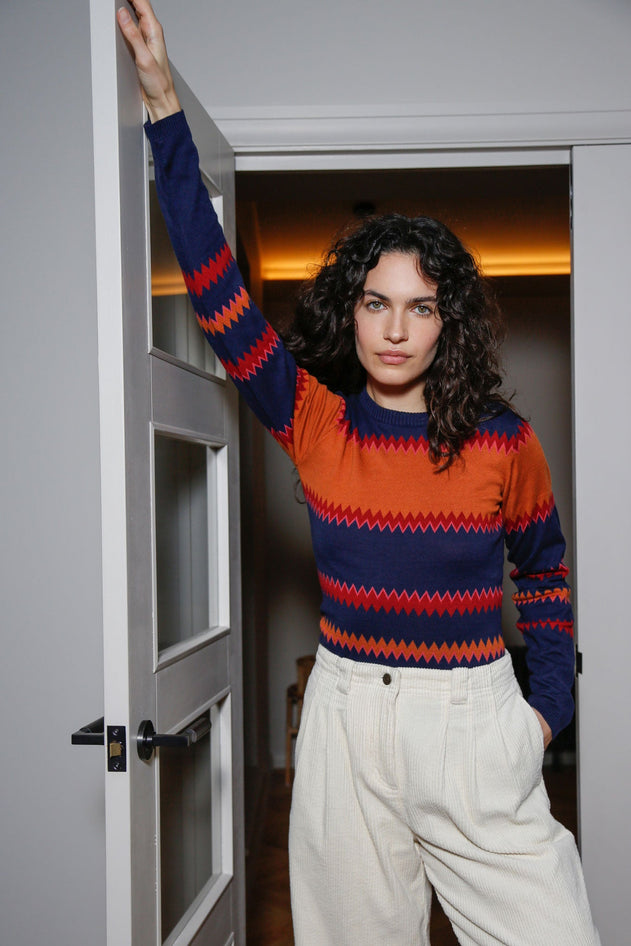 Chevron blue knitted top, front view