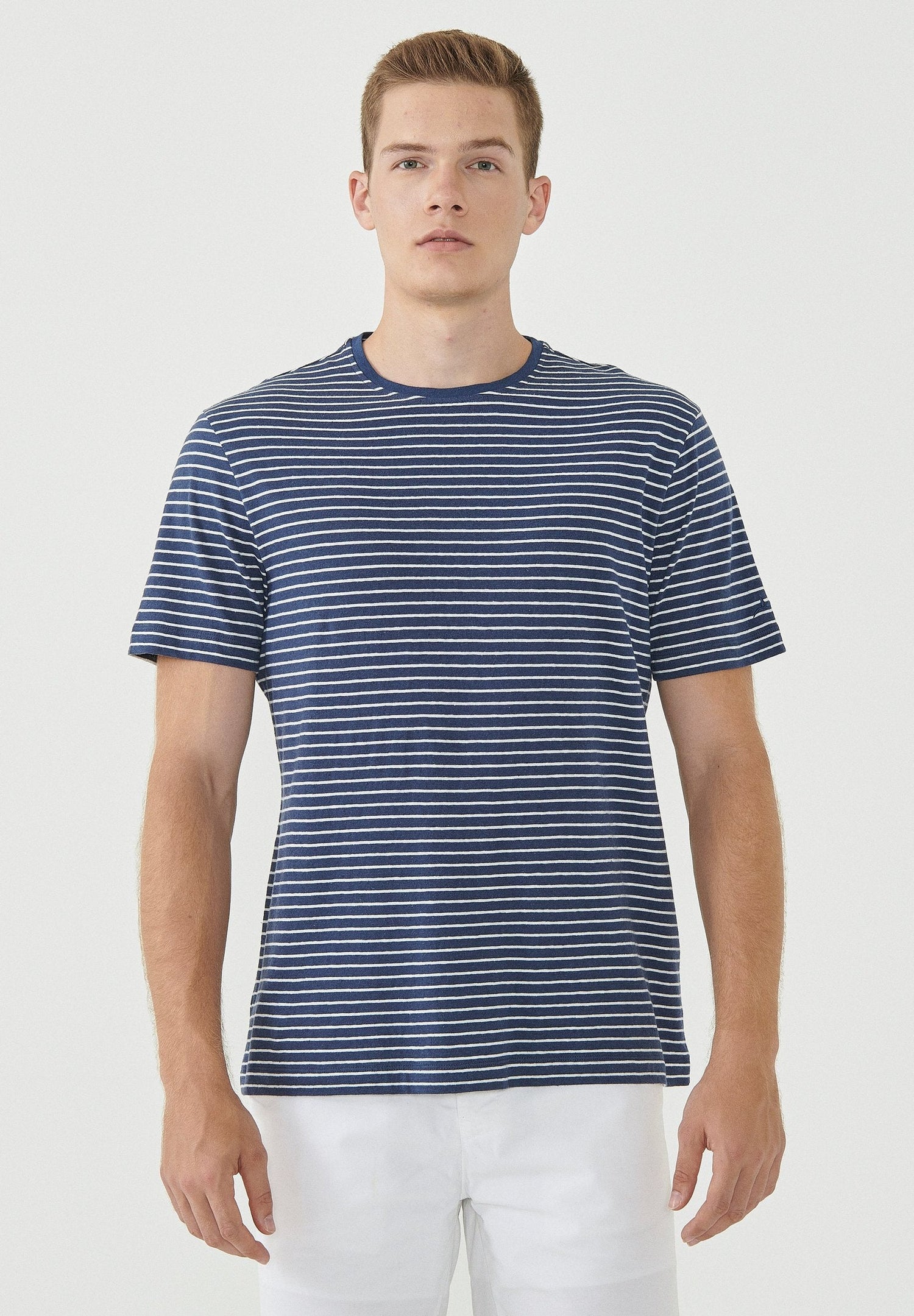 Men's Striped T-Shirt Organic Cotton Linen Blend Navy/Off-White