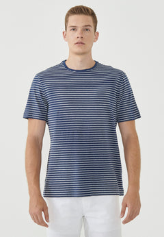 Men's Striped T-Shirt Organic Cotton Linen Blend Navy/Off-White