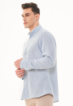 Men's Striped Linen Blend Button-Up Shirt Blue / White