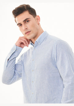 Men's Striped Linen Blend Button-Up Shirt Blue / White