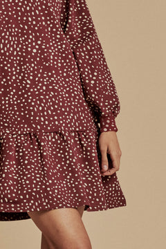 Ruffle Sweatshirt Dress Wild Dots Burgundy