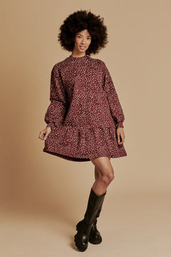 Ruffle Sweatshirt Dress Wild Dots Burgundy