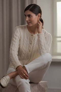 Vivianna Cable Knit Wool Cashmere Blend Cardigan Cream