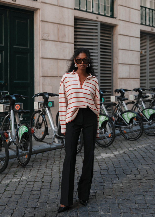 Mable Stripped Polo Sweater Cream & Red