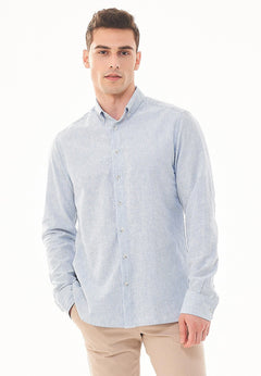 Men's Striped Linen Blend Button-Up Shirt Blue / White