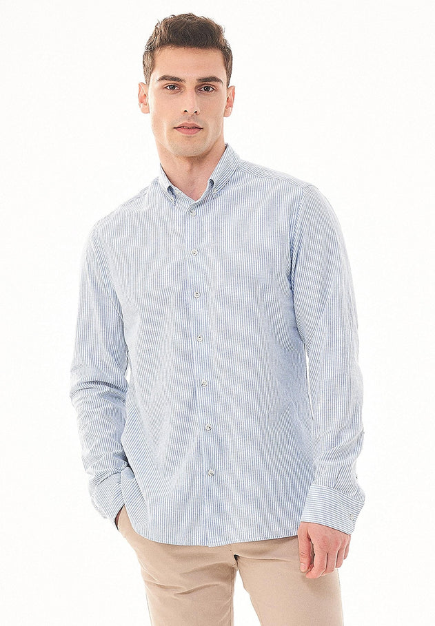 Men's Striped Linen Blend Button-Up Shirt Blue / White