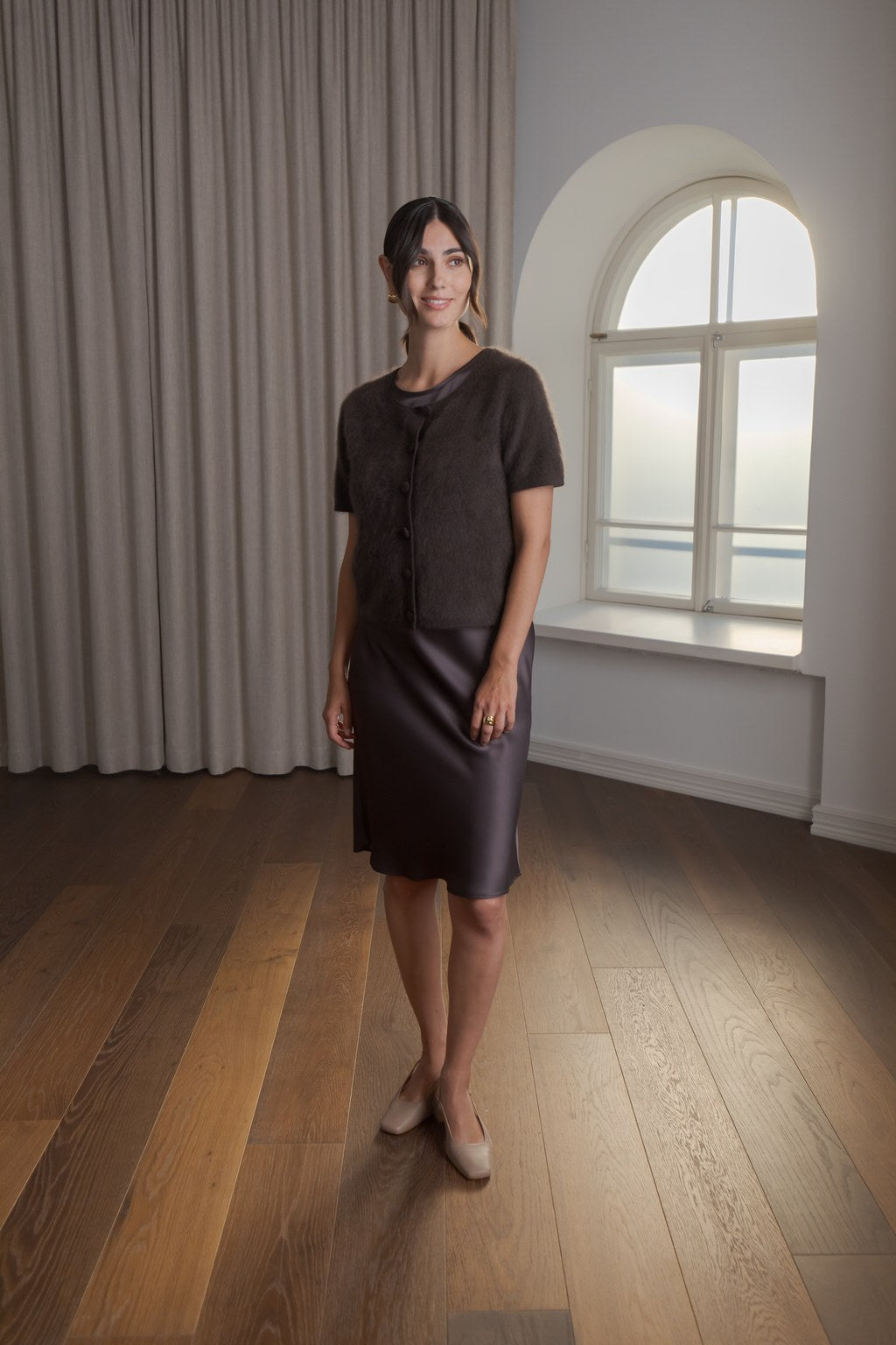 Tiana Knee Length Satin Skirt Dark Chocolate