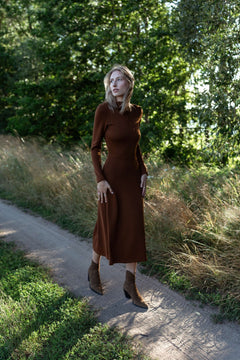 Knitted Merino Wool A-Line Midi Dress Chocolate Brown