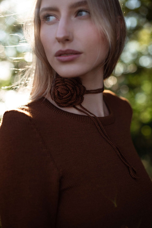 Handcrafted Merino Wool Rose Necklace Chocolate Brown