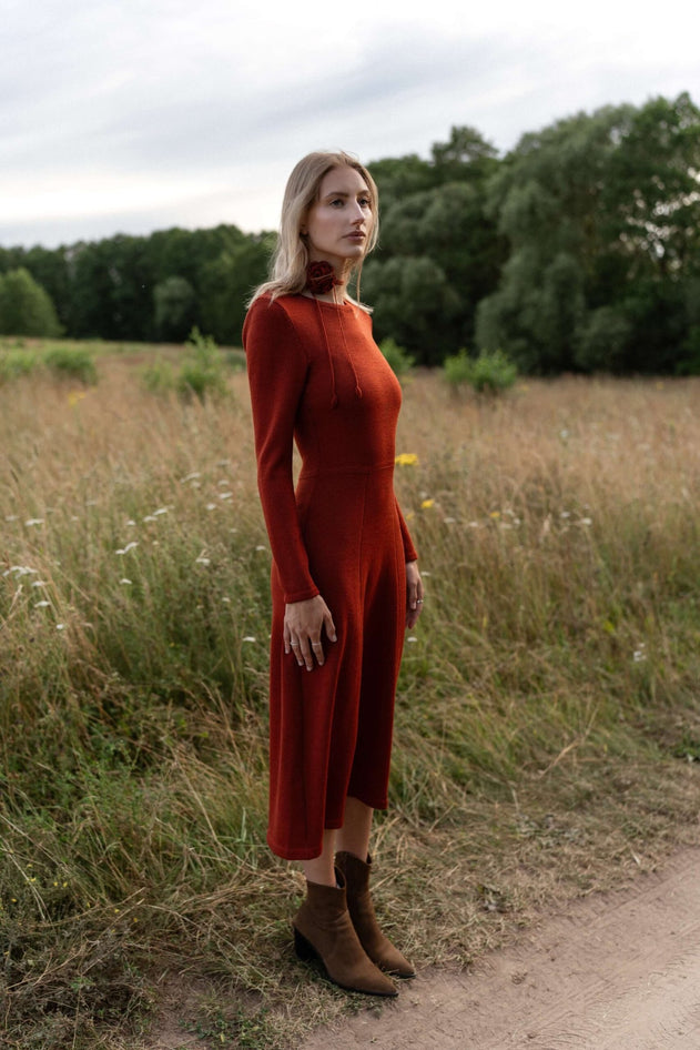 Knitted Merino Wool A-Line Midi Dress Rust