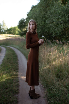 Knitted Merino Wool A-Line Midi Dress Chocolate Brown