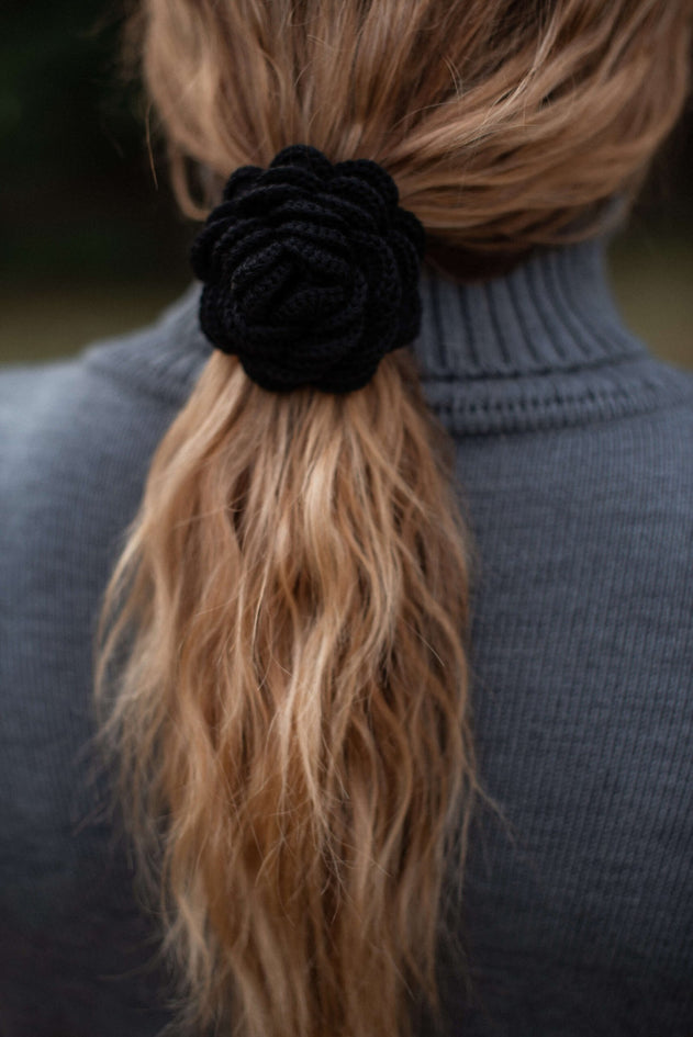 Hand-Crocheted Merino Wool Flower Scrunchie Black