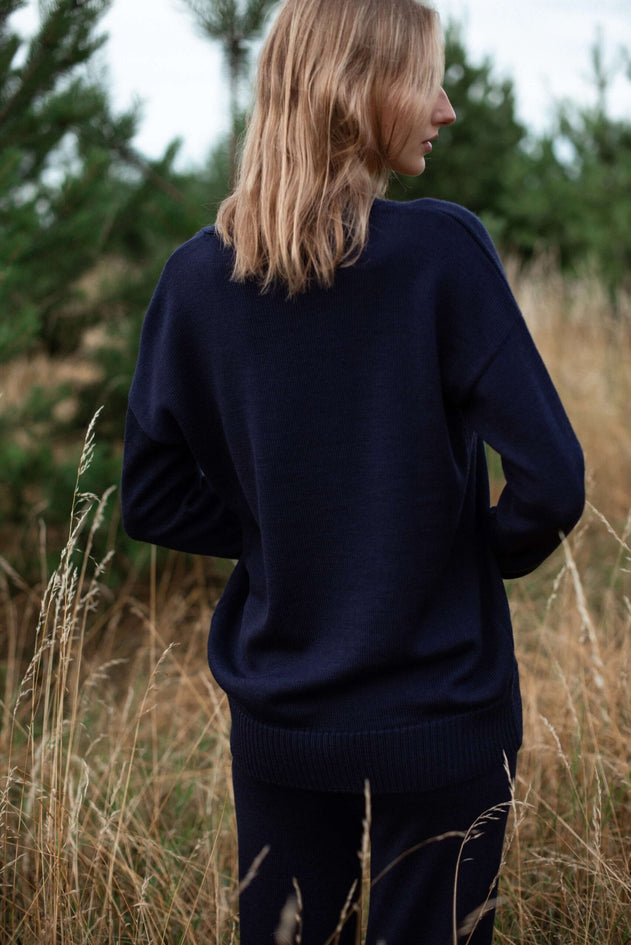 Button-Up Merino Wool Cardigan Dark Blue