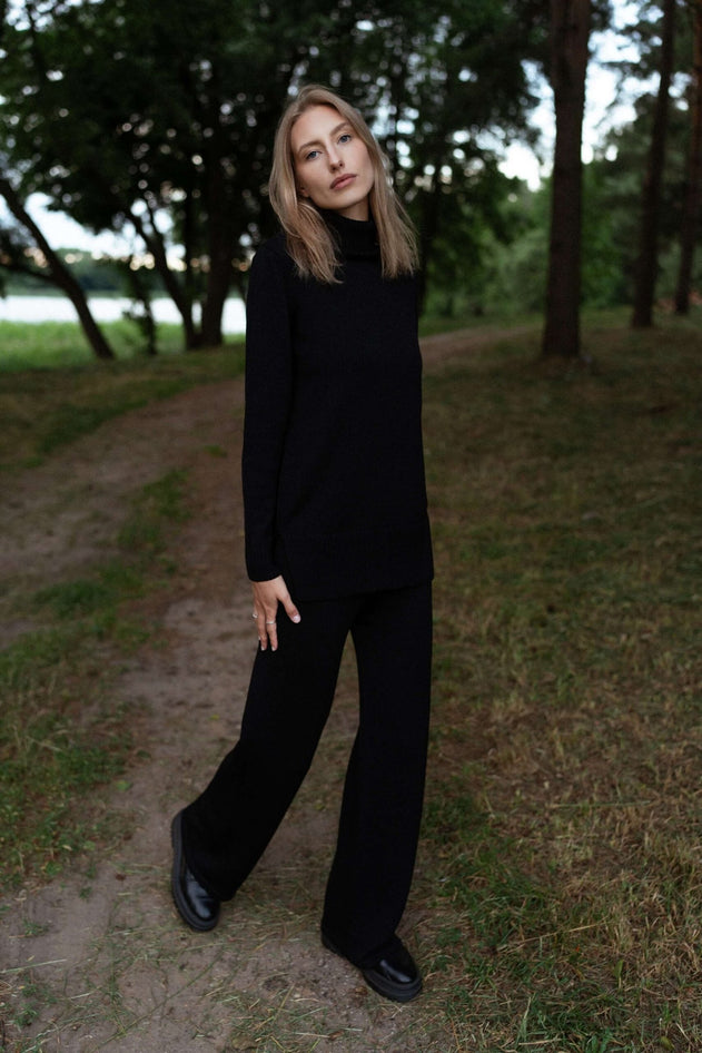 Merino Wool Wide-Leg Knitted Pants Black