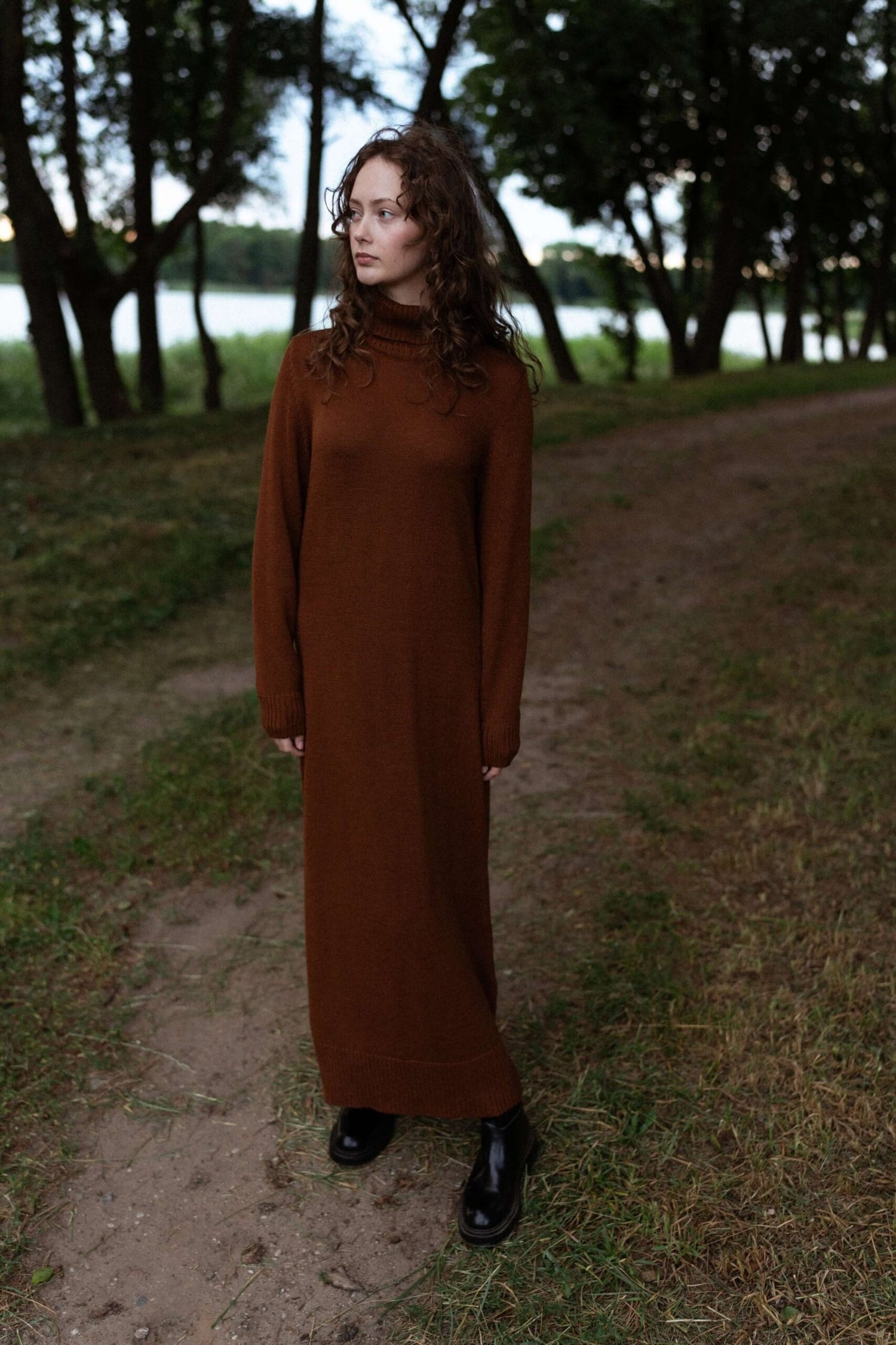 Turtleneck Knitted Merino Wool Sweater Dress Chocolate