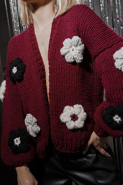 Flower Handmade Cardigan Claret Red