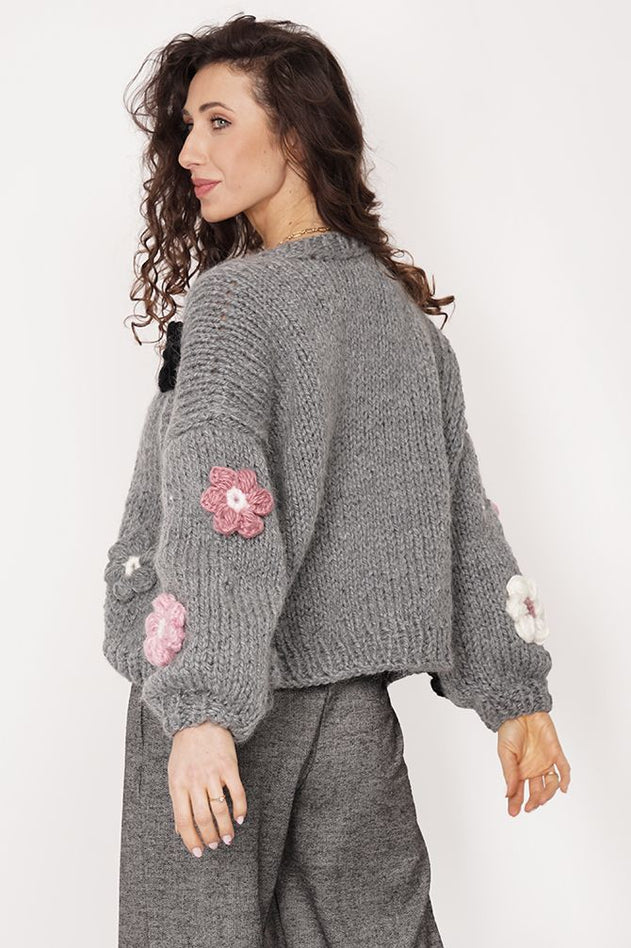 Flower Handmade Cardigan Dark Grey