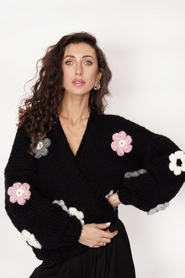 Flower Handmade Cardigan Black