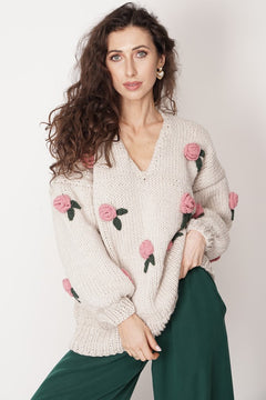 Rose Handmade Knit Sweater Light Beige