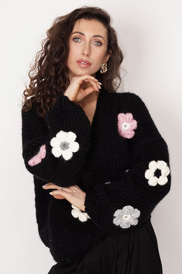 Flower Handmade Cardigan Black