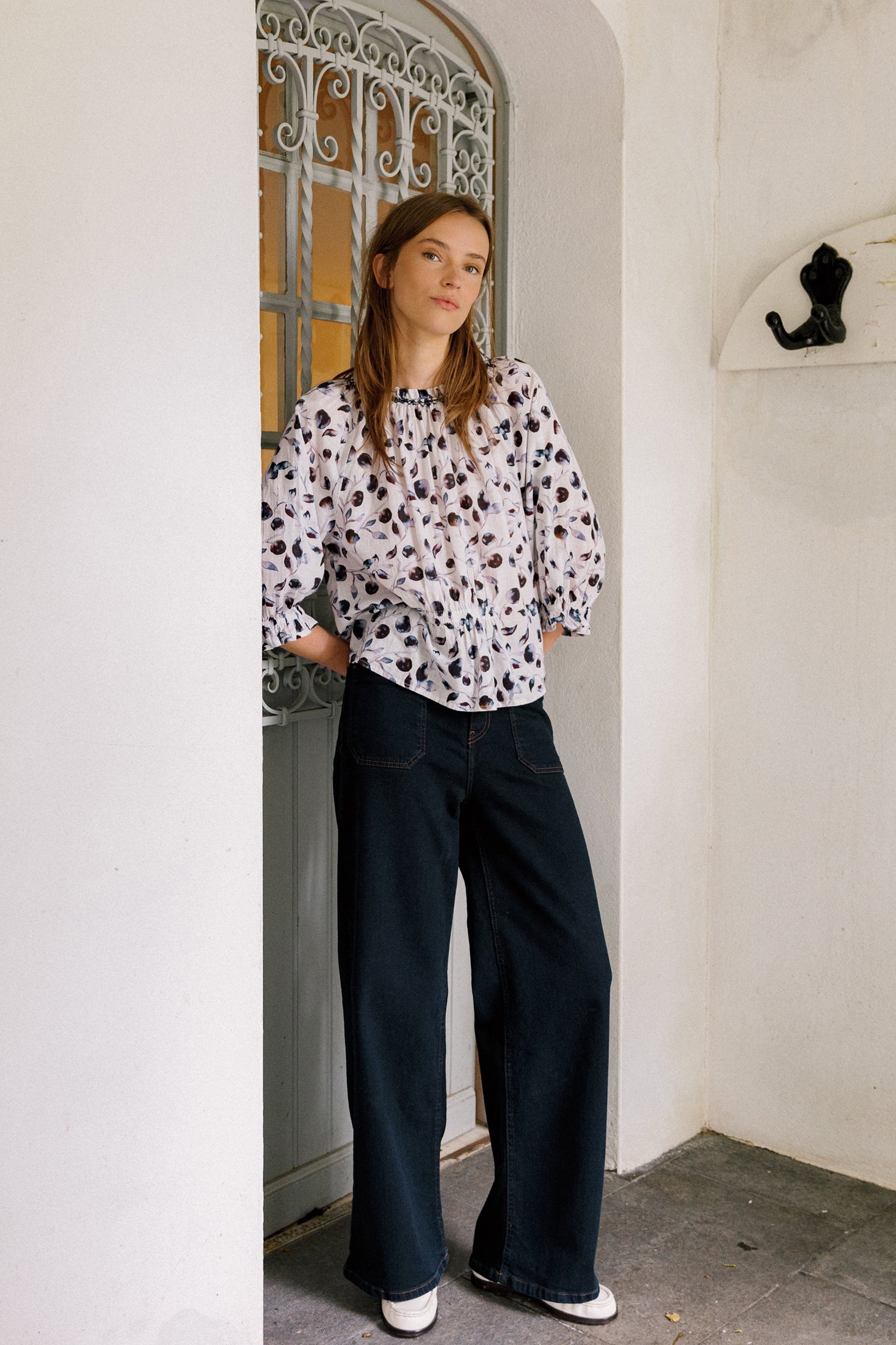 Elastic Cotton Blouse Blue