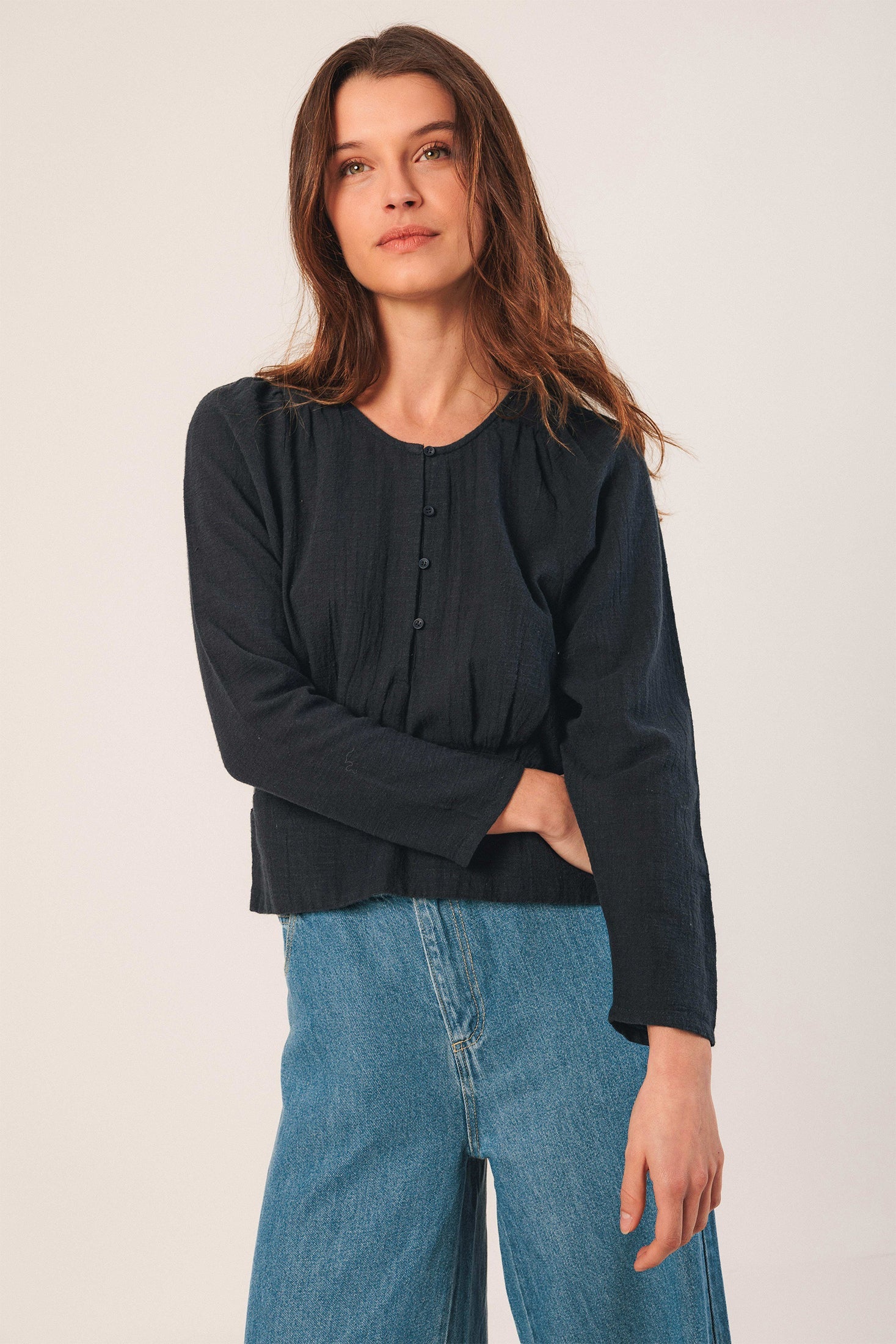 Crepe Cotton Blouse Navy