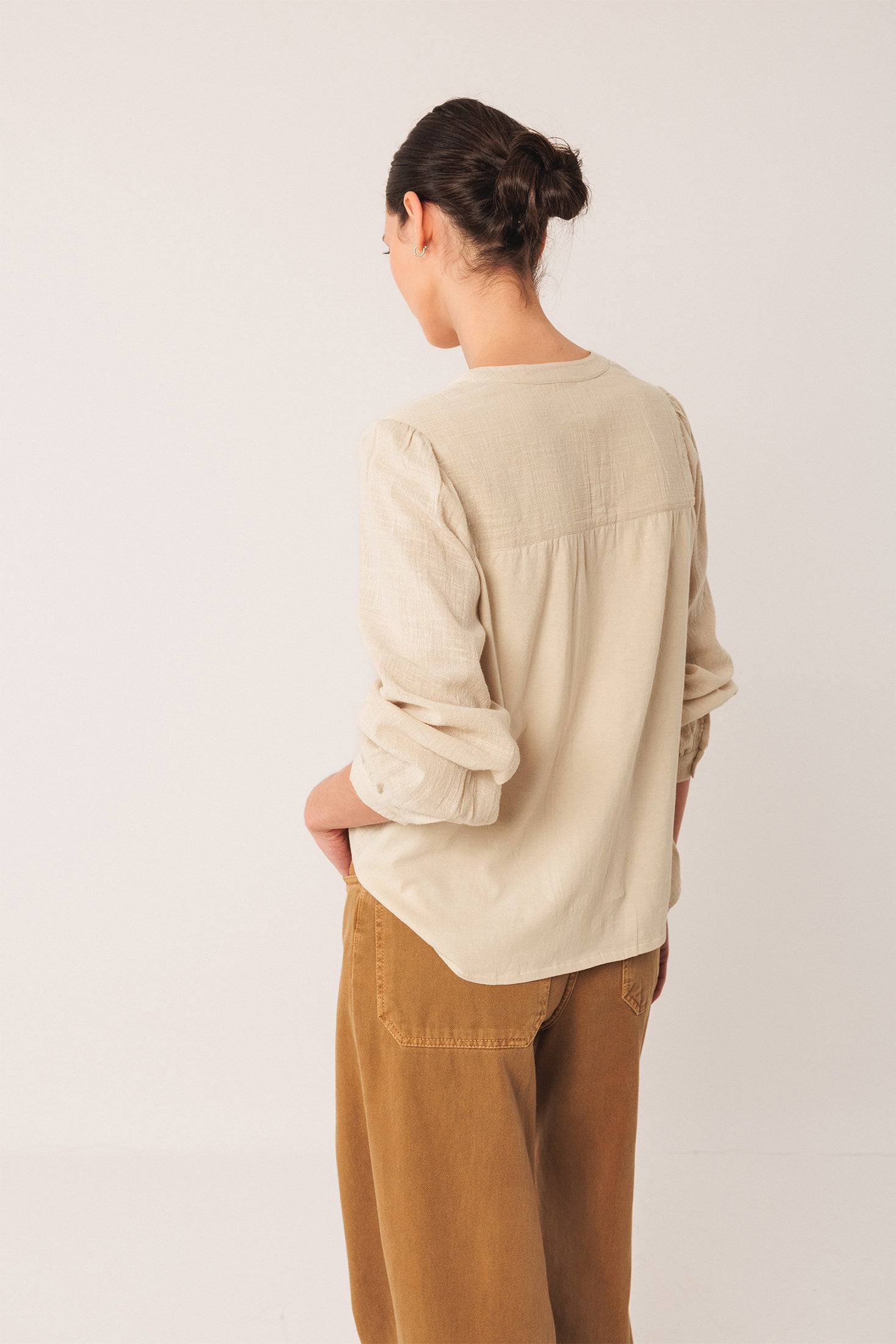 Combined Embroidered Shirt Beige