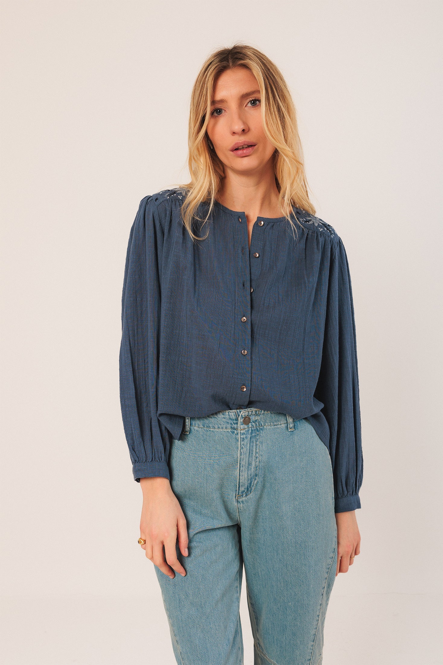 Embroidered Boxy Shirt Navy Blue
