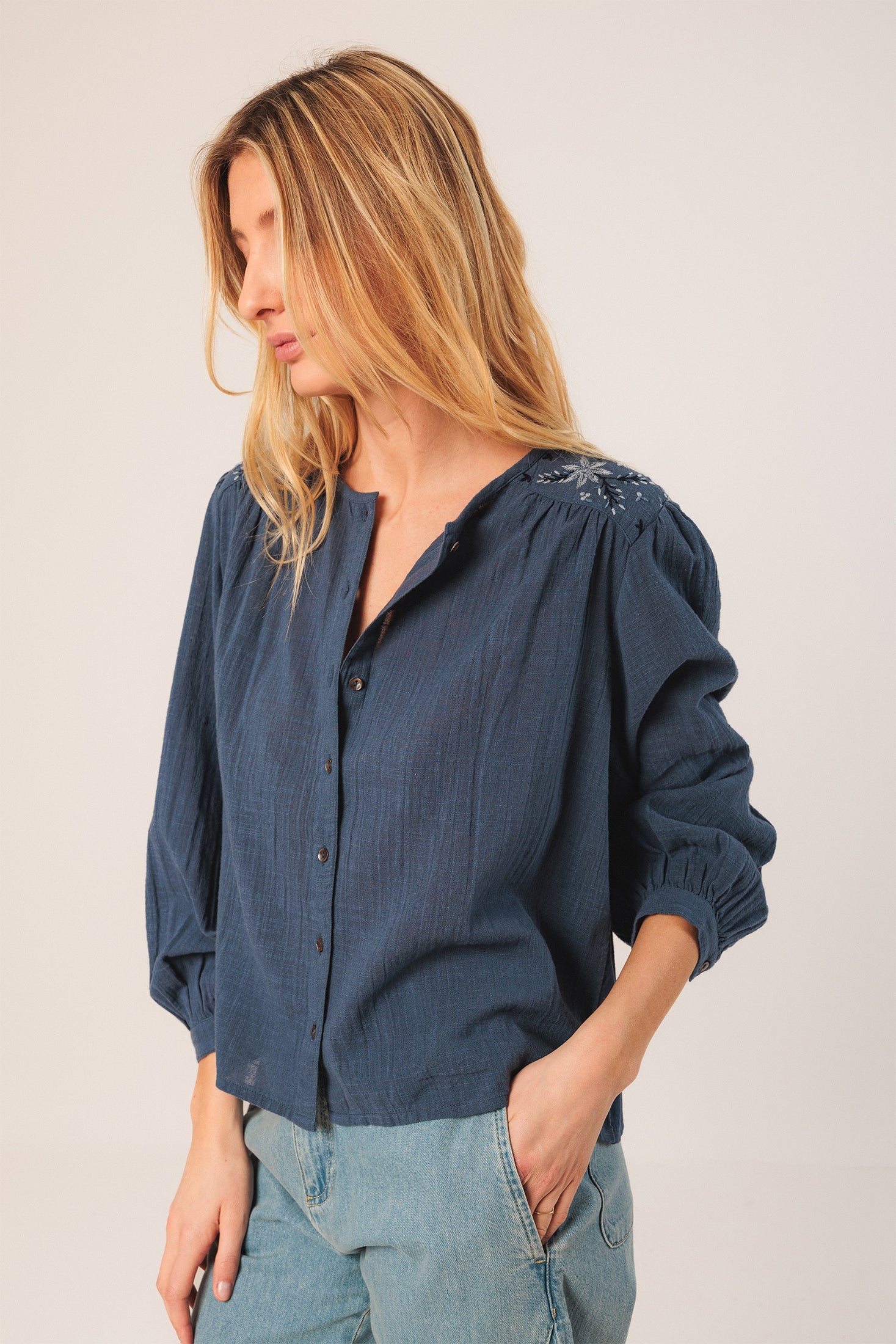 Embroidered Boxy Shirt Navy Blue