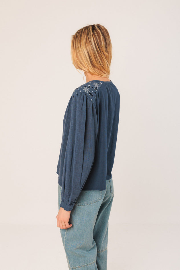Embroidered Boxy Shirt Navy Blue