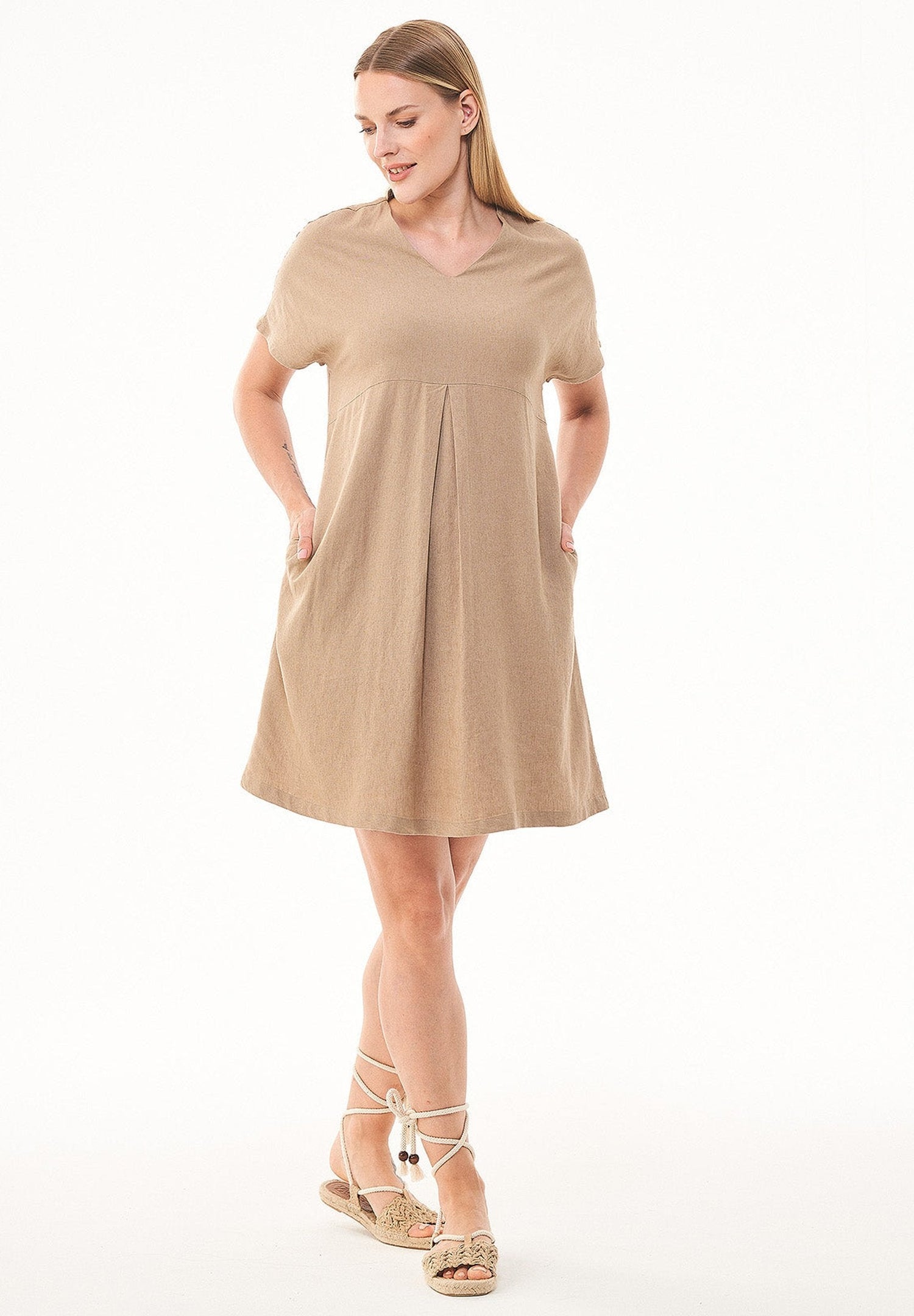 Women's A-Line Linen Blend Dress Beige