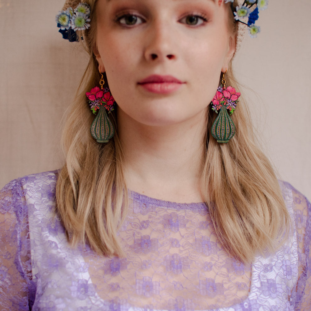 Blooming Vase Green/Pink Flowers Earrings