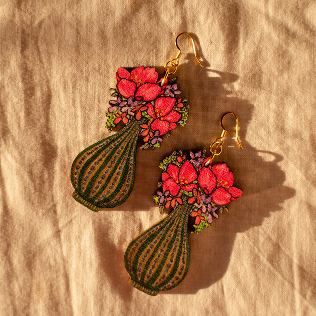 Blooming Vase Green/Pink Flowers Earrings
