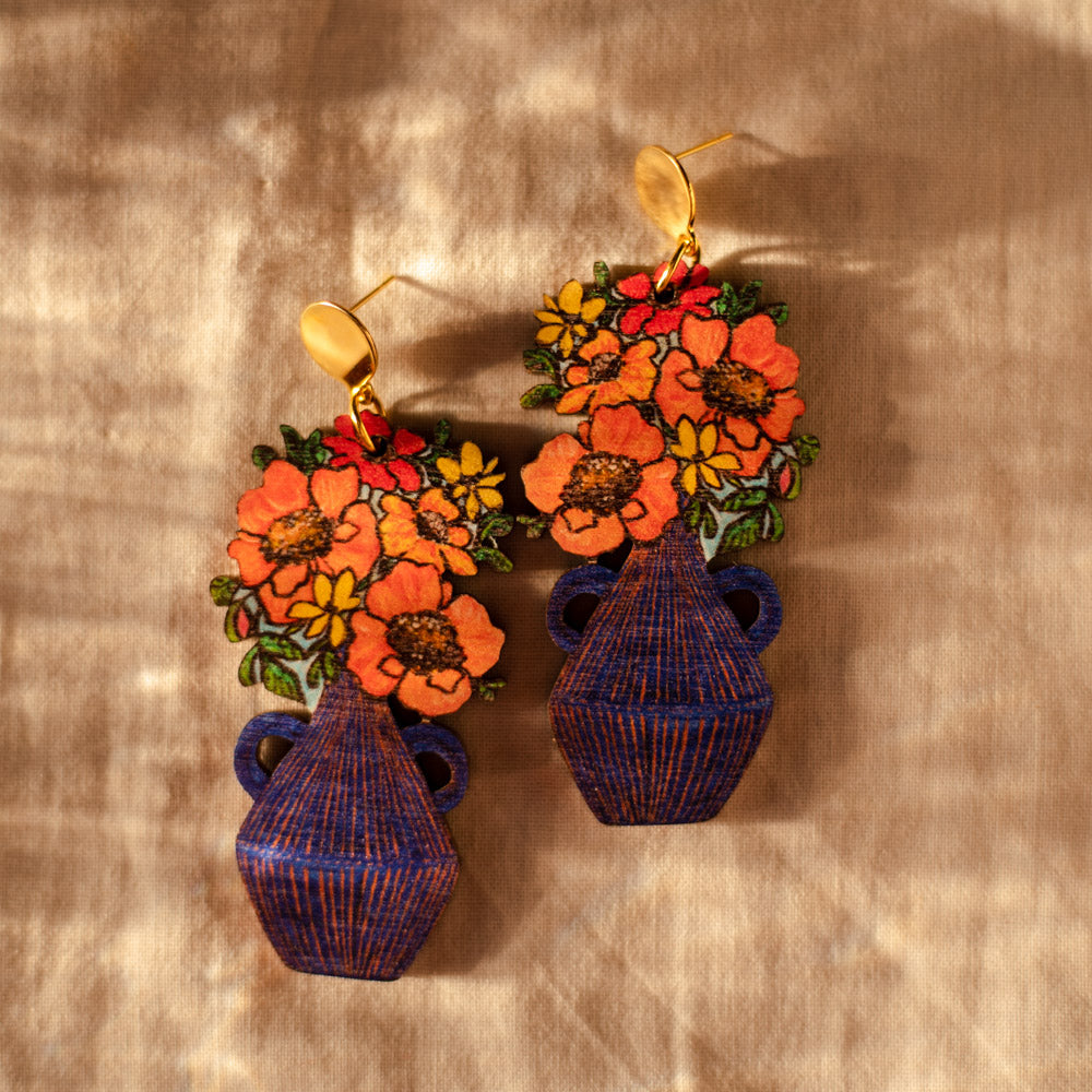 Blooming Vase Blue/Flowers Earrings