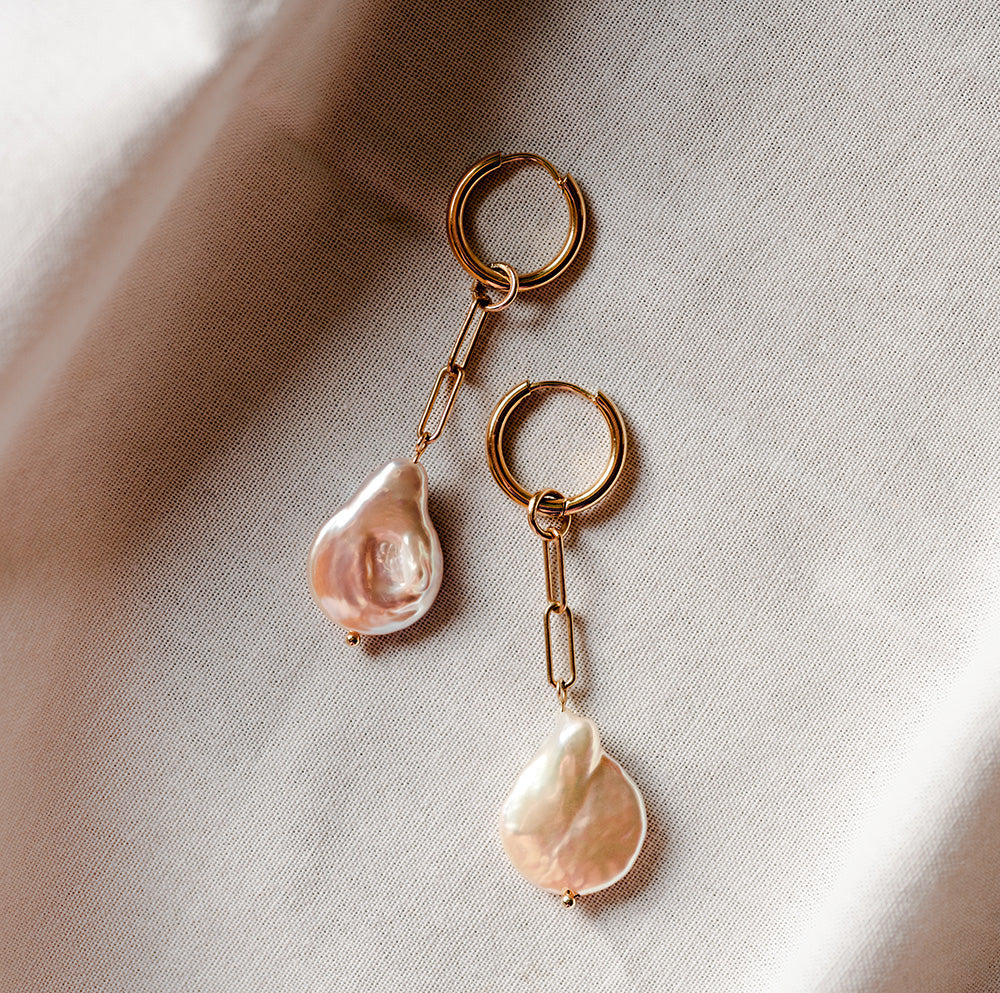 Coin Pearl With Golden Chain Earrings