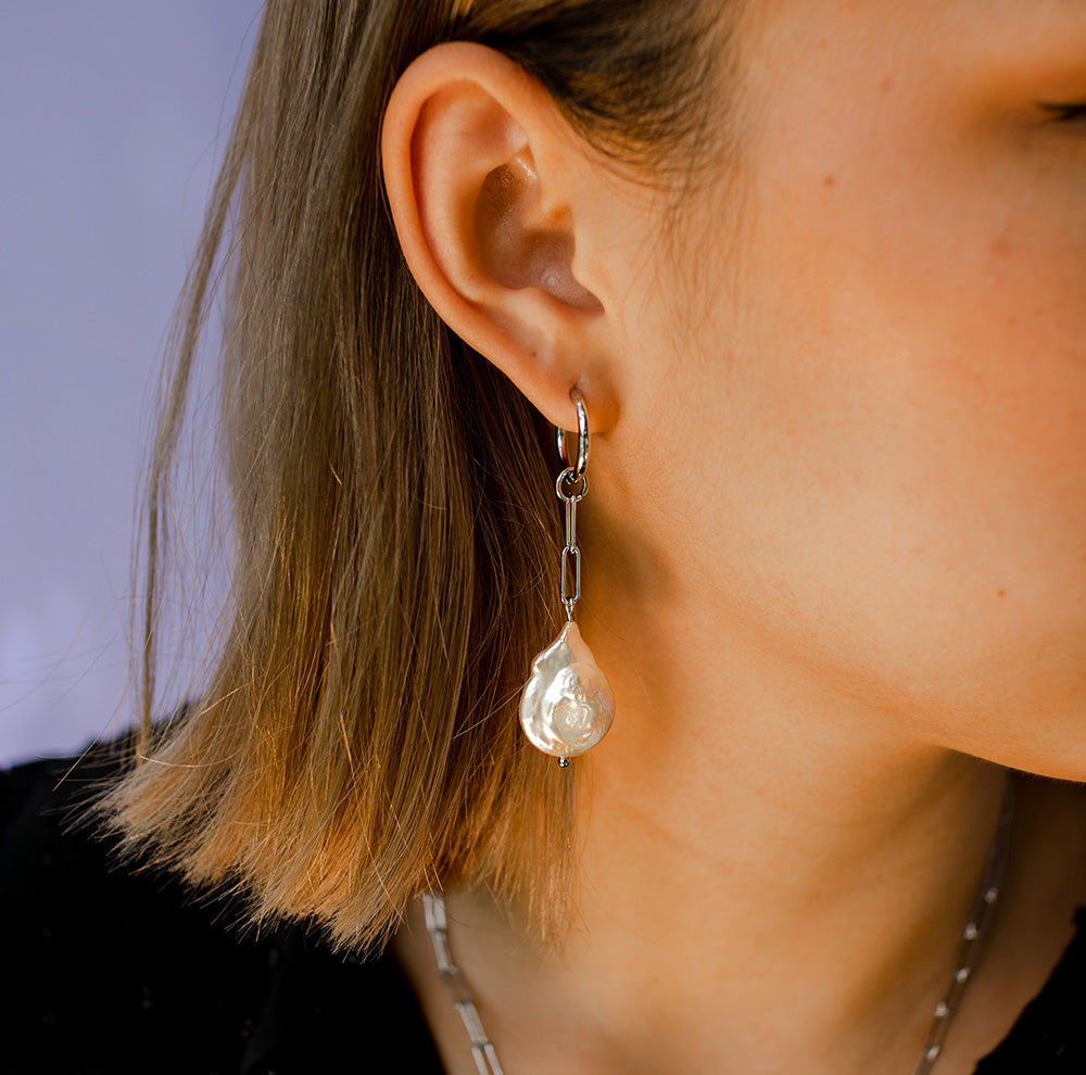 Coin Pearl With Silver Chain Earrings