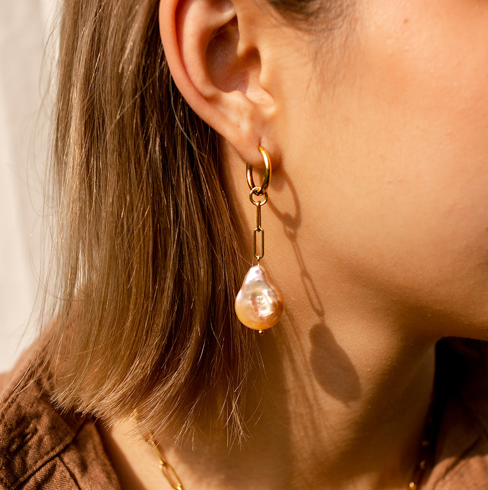 Coin Pearl With Golden Chain Earrings