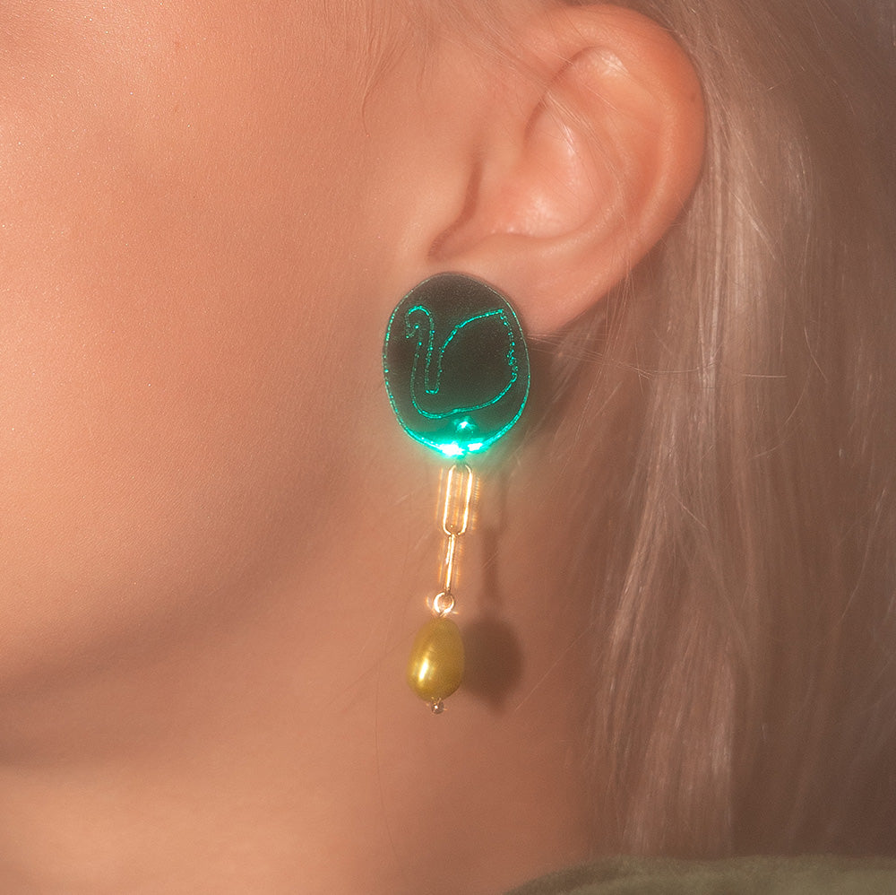 Swan Earrings With Pearl Green