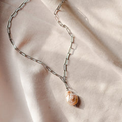 Coin Pearl With Paperclip Silver Chain Necklace