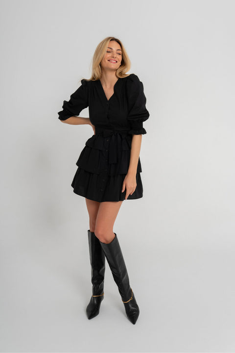Black Melfi Cotton Dress with Ruffles