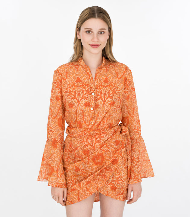 Lotus Print Mini Wrap Skirt Orange