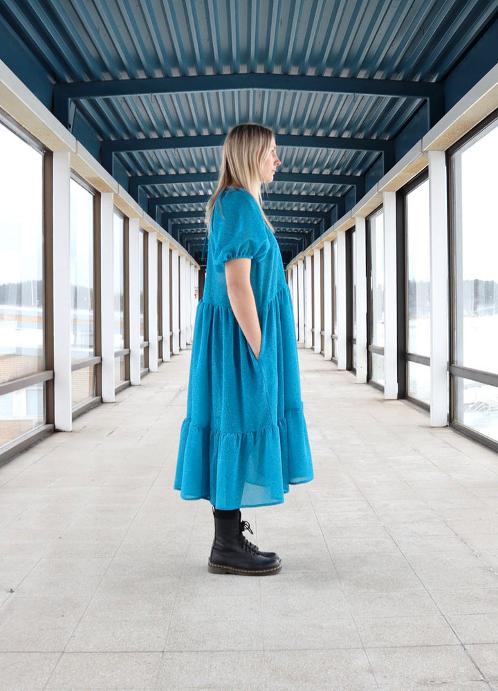 Miia Halmesmaa - Lush Dress with Puff Sleeves Turquoise Glitter