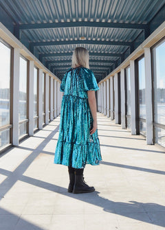 Lush Dress with Puff Sleeves Turquoise Sequin