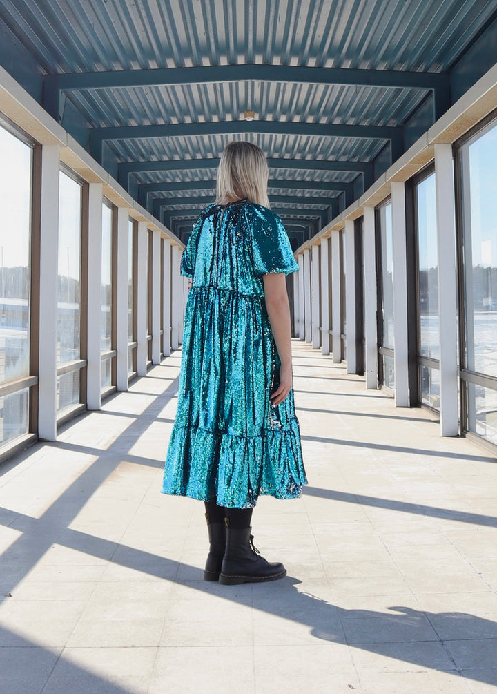 Miia Halmesmaa - Lush Dress with Puff Sleeves Turquoise Sequin