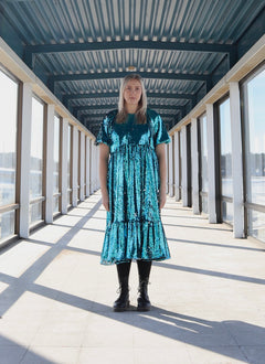 Lush Dress with Puff Sleeves Turquoise Sequin