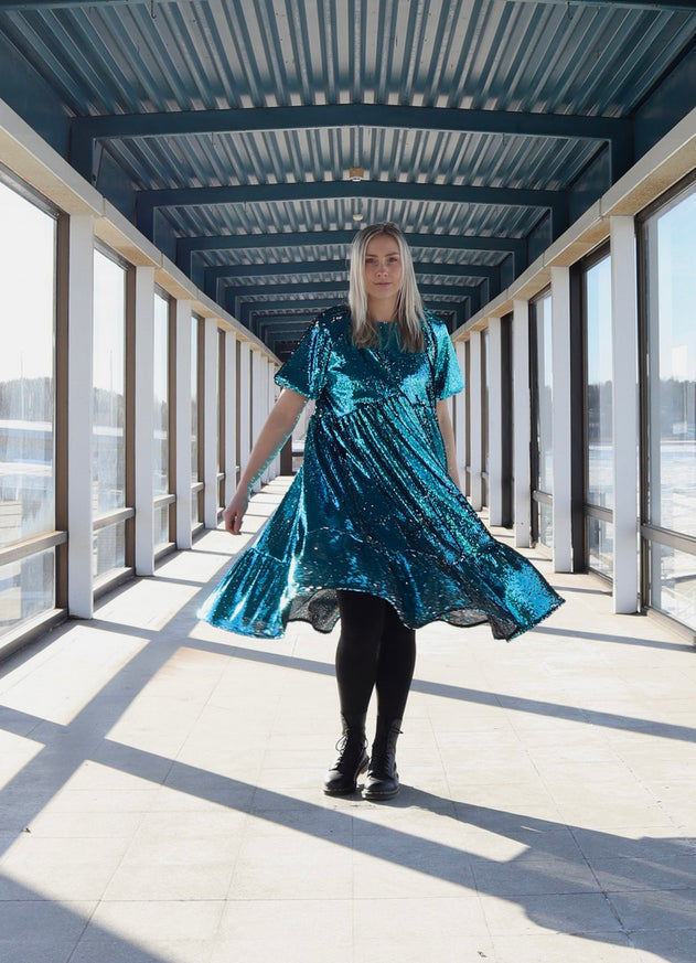 Lush Dress with Puff Sleeves Turquoise Sequin