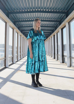 Lush Dress with Puff Sleeves Turquoise Sequin