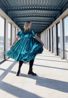 Lush Dress with Puff Sleeves Turquoise Sequin